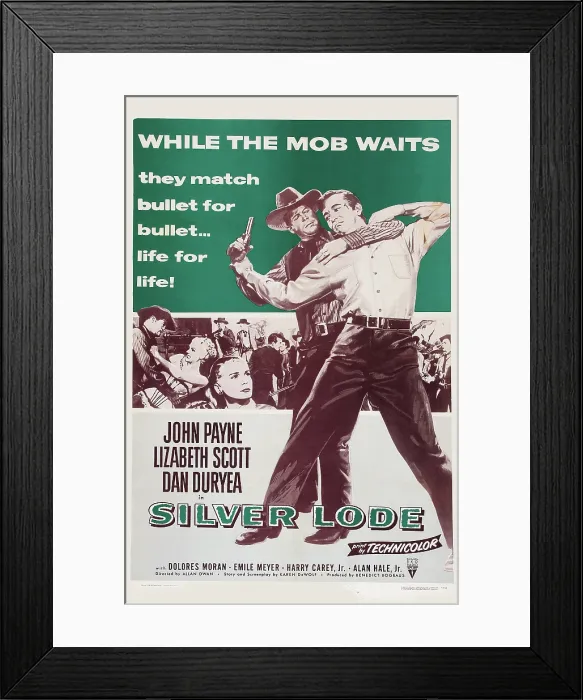 Framed Print : SILVER LODE, US re-issue poster, standing from left: Dan Duryea, John Payne, 1954