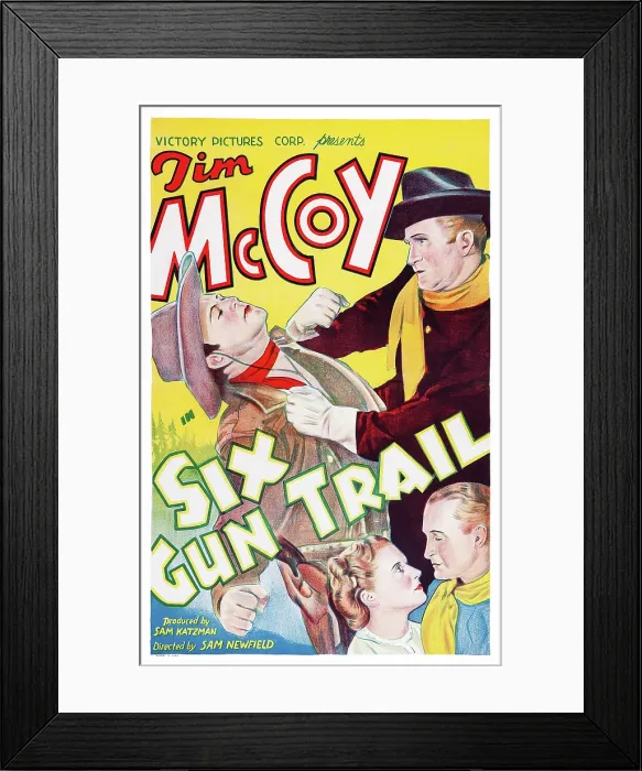 Framed Print : SIX GUN TRAIL, top and bottom right: Tim McCoy, bottom left: Nora Lane on poster art, 1938 Framed Print : SIX GUN TRAIL, top and bottom right: Tim McCoy, bottom left: Nora Lane on poster art, 1938