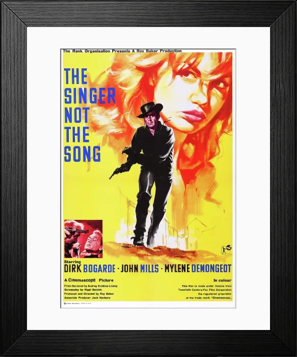 Framed Print : THE SINGER NOT THE SONG, US poster art, from back: Mylene Demongeot, Dirk Bogarde, John Mills, 1961 Framed Print : THE SINGER NOT THE SONG, US poster art, from back: Mylene Demongeot, Dirk Bogarde, John Mills, 1961