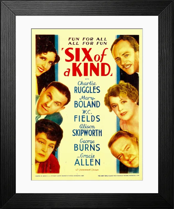 Framed Print : SIX OF A KIND, left from top: Gracie Allen, George Burns, Alison Skipworth, right from top: Charlie Ruggles, Mary Boland, W.C. Fields on midget window card, 1934 Framed Print : SIX OF A KIND, left from top: Gracie Allen, George Burns, Alison Skipworth, right from top: Charlie Ruggles, Mary Boland, W.C. Fields on midget window card, 1934