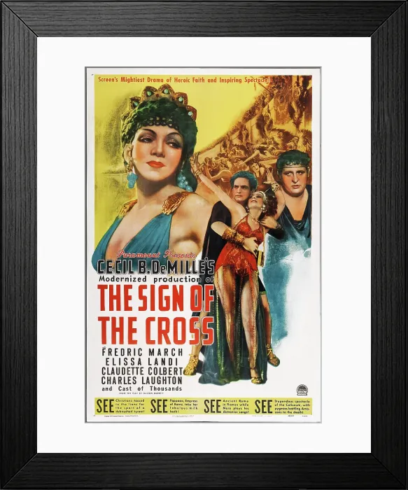 Framed Print : THE SIGN OF THE CROSS, l-r: Claudette Colbert, Fredric March, Claudette Colbert, Charles Laughton on poster art, 1932