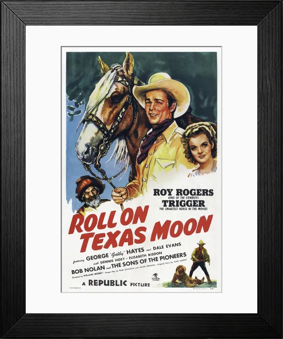 Framed Print : ROLL ON TEXAS MOON, US poster art, from left: George Gabby Hayes, Trigger the horse, Roy Rogers, Dale Evans, 1946 Framed Print : ROLL ON TEXAS MOON, US poster art, from left: George Gabby Hayes, Trigger the horse, Roy Rogers, Dale Evans, 1946