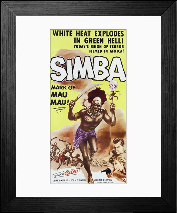 Framed Print : SIMBA, (aka SIMBA-MARK OF MAU MAU!), bottom l-r: Dirk Bogarde, Virginia McKenna on poster art, 1955 Framed Print : SIMBA, (aka SIMBA-MARK OF MAU MAU!), bottom l-r: Dirk Bogarde, Virginia McKenna on poster art, 1955