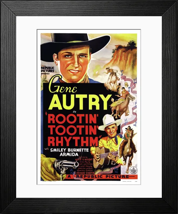 Framed Print : ROOTIN TOOTIN RHYTHM, US poster art, top and bottom: Gene Autry, 1937