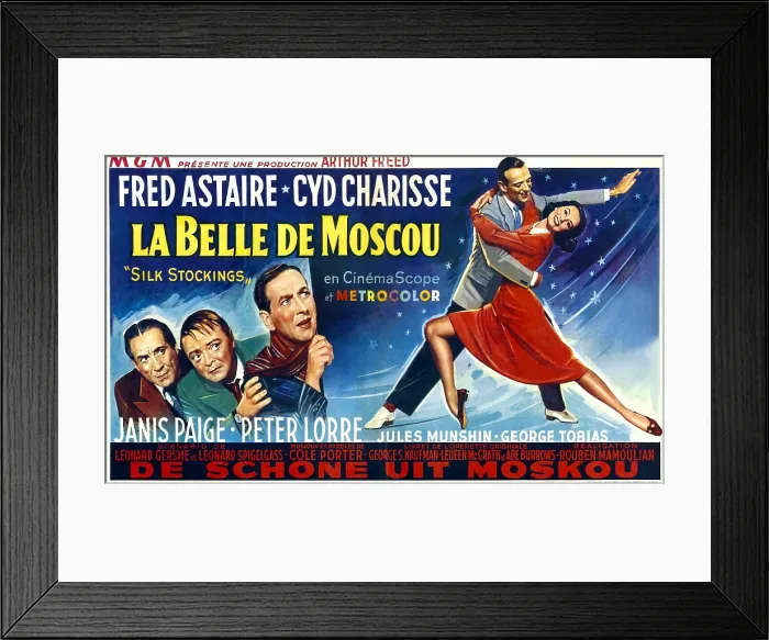Framed Print : SILK STOCKINGS, (aka LA BELLE DE MOSCOU), Joseph Buloff, Peter Lorre, Jules Munshin, Fred Astaire, Cyd Charisse on Belgian poster art, 1957 Framed Print : SILK STOCKINGS, (aka LA BELLE DE MOSCOU), Joseph Buloff, Peter Lorre, Jules Munshin, Fred Astaire, Cyd Charisse on Belgian poster art, 1957