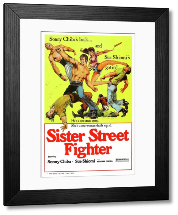 Framed Print : SISTER STREET FIGHTER, (aka ONNA HISSATSU KEN), US poster art, center: Sonny Chiba, Etsuko Shihomi (aka Sue Shiomi), 1974