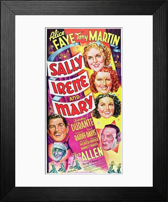 Framed Print : SALLY, IRENE AND MARY, left from top: Tony Martin, Jimmy Durante, right from top: Alice Faye, Marjorie Weaver, Joan Davis, Fred Allen on poster art, 1938 Framed Print : SALLY, IRENE AND MARY, left from top: Tony Martin, Jimmy Durante, right from top: Alice Faye, Marjorie Weaver, Joan Davis, Fred Allen on poster art, 1938