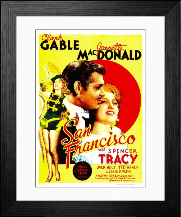 Framed Print : SAN FRANCISCO, from left: Jeanette MacDonald, Clark Gable, Jeanette MacDonald on midget window card, 1936 Framed Print : SAN FRANCISCO, from left: Jeanette MacDonald, Clark Gable, Jeanette MacDonald on midget window card, 1936