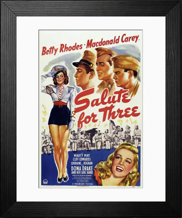 Framed Print : SALUTE FOR THREE, left: Betty Rhodes, top left: Macdonald Carey, top far right: Cliff Edwards, 1943 Framed Print : SALUTE FOR THREE, left: Betty Rhodes, top left: Macdonald Carey, top far right: Cliff Edwards, 1943