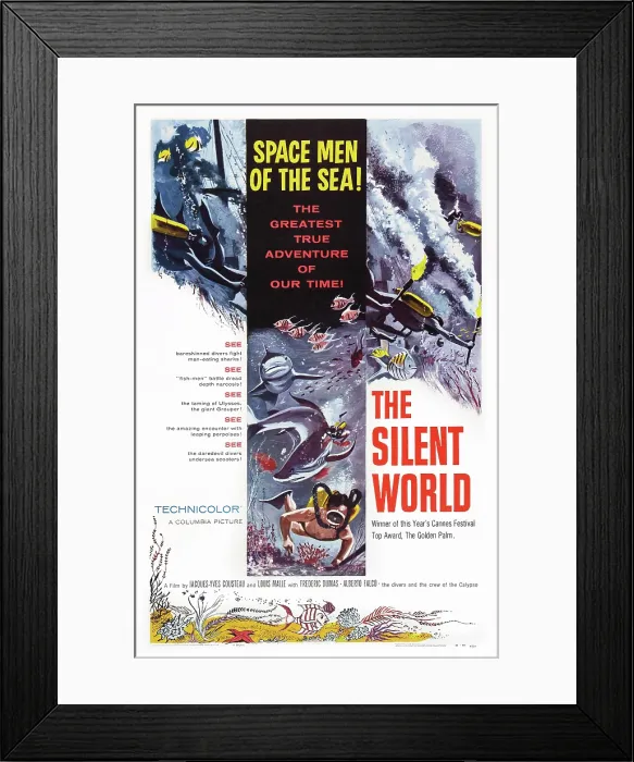 Framed Print : THE SILENT WORLD, (aka LE MONDE DU SILENCE), poster art for documentary by Jacques-Yves Cousteau & Louis Malle, 1956