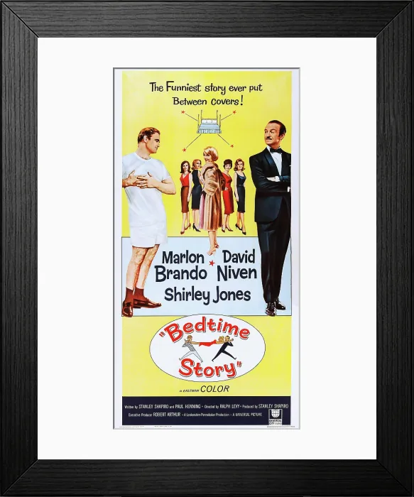 Framed Print : BEDTIME STORY, from left: Marlon Brando, Shirley Jones (fur coat), David Niven, 1964 Framed Print : BEDTIME STORY, from left: Marlon Brando, Shirley Jones (fur coat), David Niven, 1964