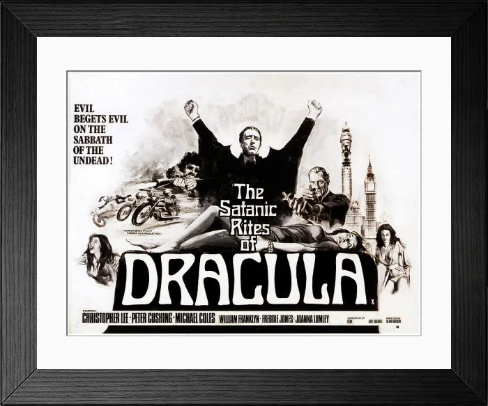 Framed Print : THE SATANIC RITES OF DRACULA, center: Christopher Lee, right of Center: Peter Cushing on poster art, 1973