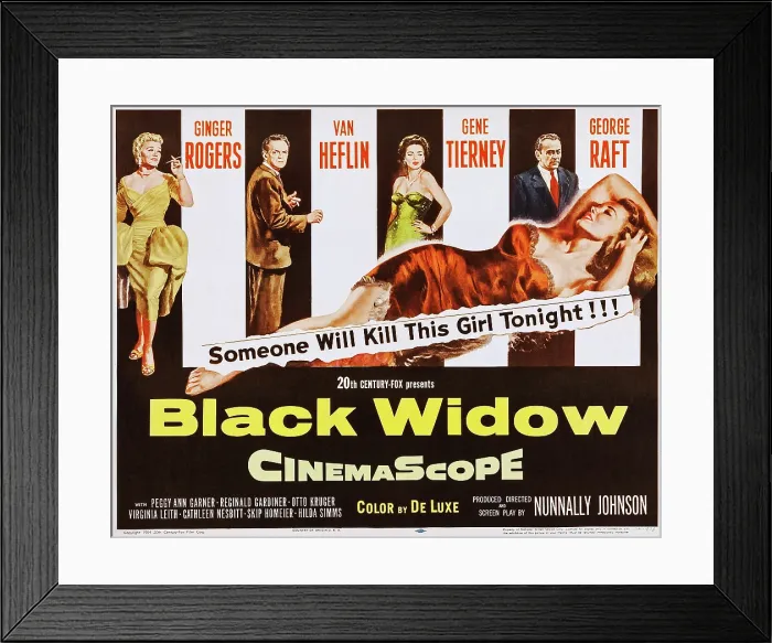 Framed Print : BLACK WIDOW, US lobbycard, Ginger Rogers, Van Heflin, Gene Tierney, George Raft, Peggy Ann Garner (front), 1954, TM & Copyright 20th Century Fox Film Corp