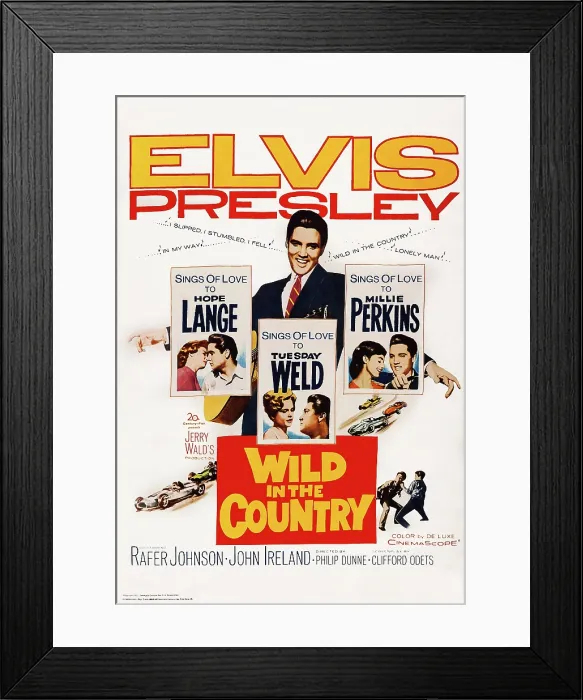 Framed Print : WILD IN THE COUNTRY, US poster art, Elvis Presley, center and in insets with, from left: Hope Lange, Tuesday Weld, Millie Perkins, 1961 Framed Print : WILD IN THE COUNTRY, US poster art, Elvis Presley, center and in insets with, from left: Hope Lange, Tuesday Weld, Millie Perkins, 1961
