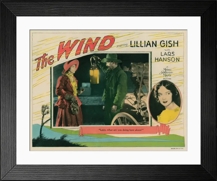 Framed Print : THE WIND, lobbycard, Lillian Gish, (inset left, and portrait right), Lars Hanson (lantern), 1928