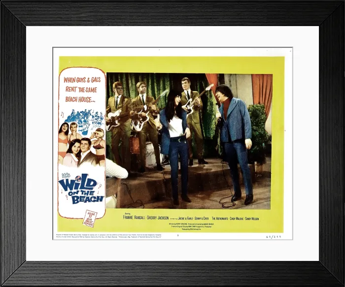 Framed Print : WILD ON THE BEACH, from left, front, Cher, Sonny Bono, (backed by The Astronauts), 1965 Framed Print : WILD ON THE BEACH, from left, front, Cher, Sonny Bono, (backed by The Astronauts), 1965