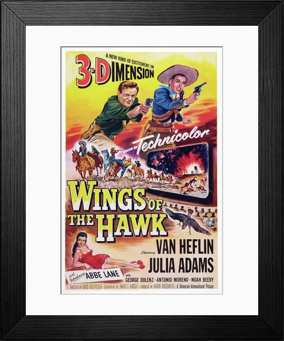 Framed Print : WINGS OF THE HAWK, US poster, top from left: Van Heflin, Julie Adams, Abbe Lane (bottom), 1953 Framed Print : WINGS OF THE HAWK, US poster, top from left: Van Heflin, Julie Adams, Abbe Lane (bottom), 1953