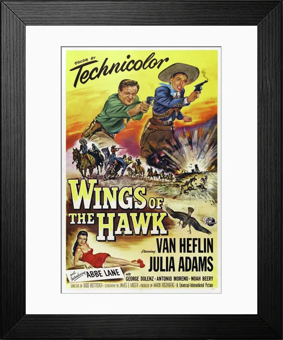 Framed Print : WINGS OF THE HAWK, US poster art, top, from left: Van Heflin, Julie Adams; bottom left: Abbe Lane, 1953