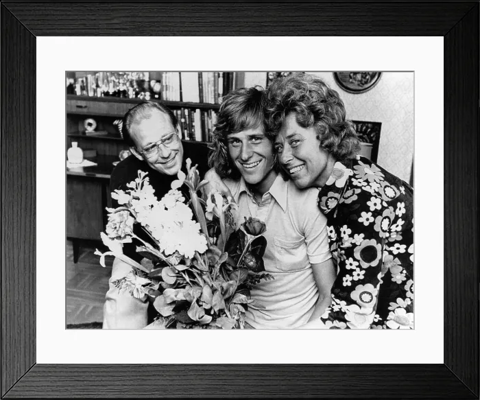 Framed Print : Bjorn Borg in Sweden with his parents, Rune and Margaretha, on his 18th birthday, 1974. Courtesy: CSU Archives / Everett Collection