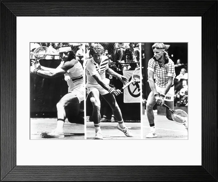 Framed Print : Guillermo Vilas (L), Brian Gottfried (M), Bjorn Borg (R), compete against each other at the Colgate Grand Prix Masters, Madison Square Garden, NYC, 1 / 4-8 / 1977