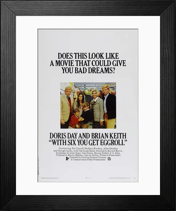 Framed Print : WITH SIX YOU GET EGGROLL, US poster, from left: Brian Keith, Richard Steele, Barbara Hershey, Jimmy Bracken, Doris Day, John Findlater, 1968 Framed Print : WITH SIX YOU GET EGGROLL, US poster, from left: Brian Keith, Richard Steele, Barbara Hershey, Jimmy Bracken, Doris Day, John Findlater, 1968