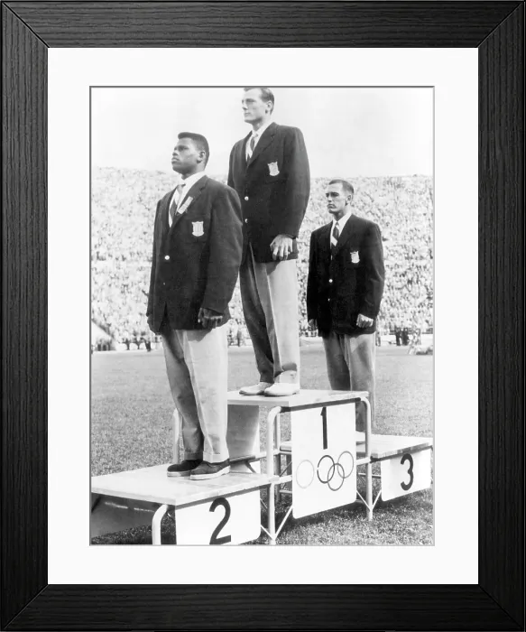 Framed Print : Decathlete Bob Mathias (center), receiving first place gold medal at the Olympics, Helsinki, Finland, 1952.. Courtesy: CSU Archives  /  Everett Collection