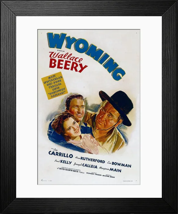 Framed Print : WYOMING, US poster art, from left: Ann Rutherford, Leo Carrillo, Wallace Beery, 1940
