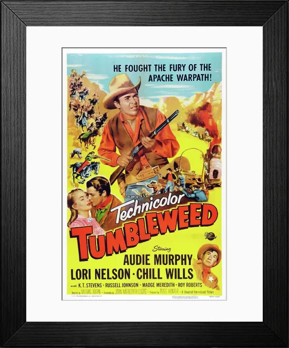 Framed Print : TUMBLEWEED, US poster art, kissing from left: Lori Nelson, Audie Murphy (and with rifle), Chill Wills (bottom right), 1953 Framed Print : TUMBLEWEED, US poster art, kissing from left: Lori Nelson, Audie Murphy (and with rifle), Chill Wills (bottom right), 1953