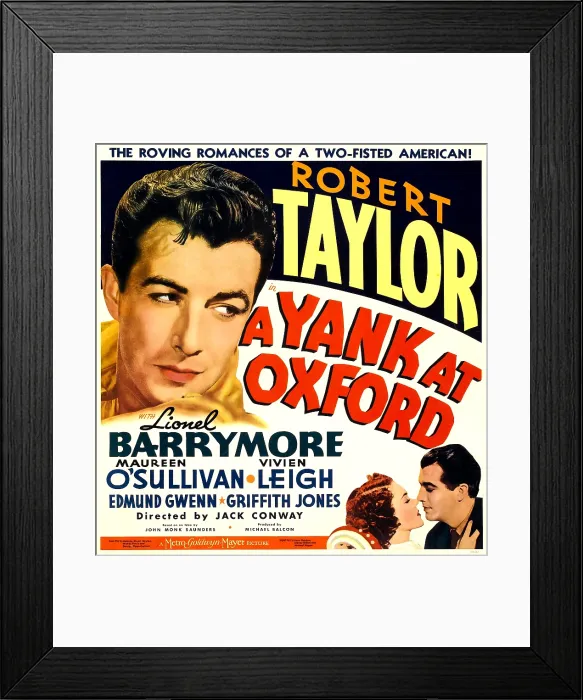 Framed Print : A YANK AT OXFORD, top left: Robert Taylor, bottom from left: Maureen O'Sullivan, Robert Taylor on jumbo window card, 1938 Framed Print : A YANK AT OXFORD, top left: Robert Taylor, bottom from left: Maureen O'Sullivan, Robert Taylor on jumbo window card, 1938