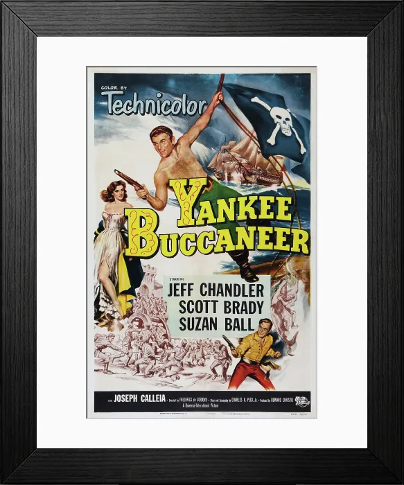 Framed Print : YANKEE BUCCANEER, US poster art, left: Suzan Ball; center: Jeff Chandler; bottom right: Scott Brady, 1952