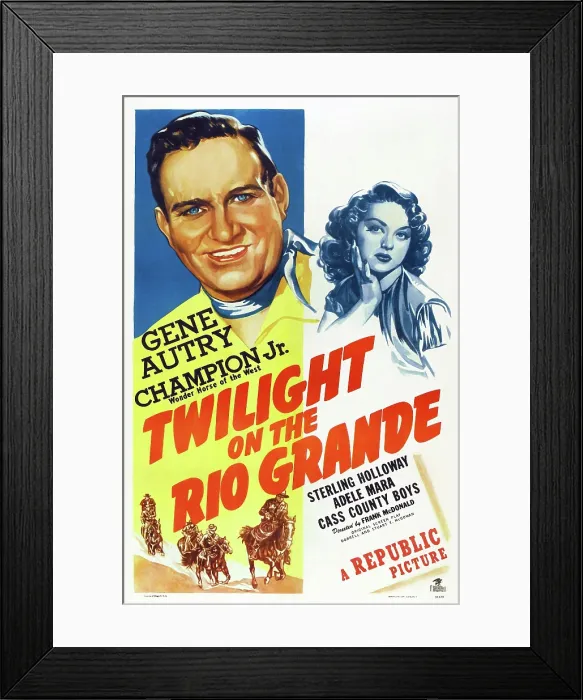 Framed Print : TWILIGHT ON THE RIO GRANDE, US poster, from left: Gene Autry, Adele Mara, 1947