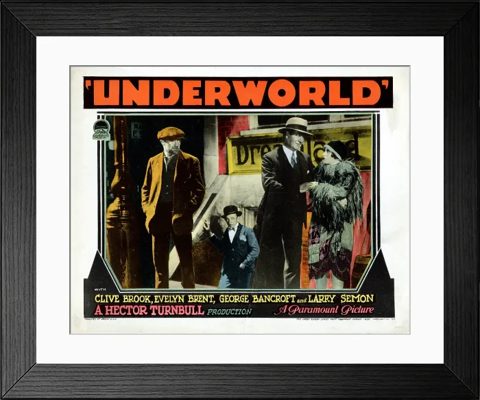 Framed Print : UNDERWORLD, US lobbycard, Clive Brook, Larry Semon, George Bancroft, Evelyn Brent, 1927, gangsters
