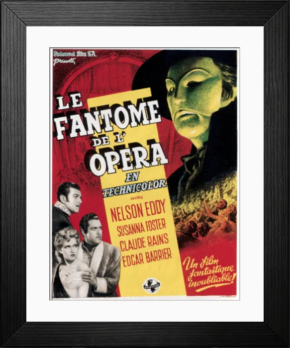 Framed Print : PHANTOM OF THE OPERA, (aka LE FANTOME DE L'OPERA), left from bottom: Susanna Foster, Nelson Eddy, top right: Claude Rains on Belgian poster art, 1943