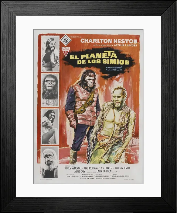 Framed Print : PLANET OF THE APES, (aka EL PLANETA DE LOS SIMIOS), left from top: Charlton Heston, Roddy McDowall, Linda Harrison, Maurice Evans