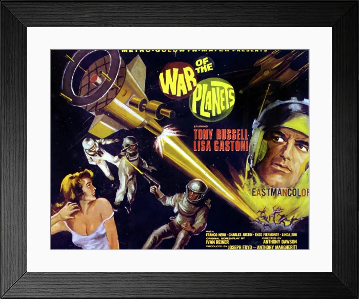 Framed Print : THE WAR OF THE PLANETS, (aka I DIAFANODI VENGONO DA MARTE), l-r: Lisa Gastoni, Tony Russell, Franco Nero on title lobbycard, 1966