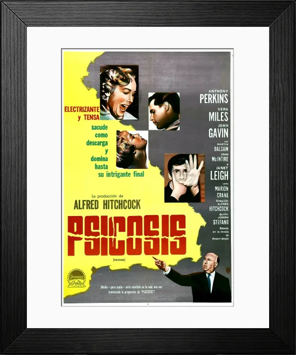 Framed Print : PSYCHO, (aka PSICOSIS), Argentine poster, from top left: Vera Miles, John Gavin, Janet Leigh, Anthony Perkins, bottom right: Alfred Hitchcock, poster, 1960