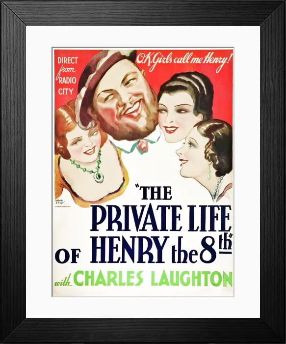Framed Print : THE PRIVATE LIFE OF HENRY THE 8TH, (aka THE PRIVATE LIFE OF HENRY VIII), center: Charles Laughton on poster art, 1933