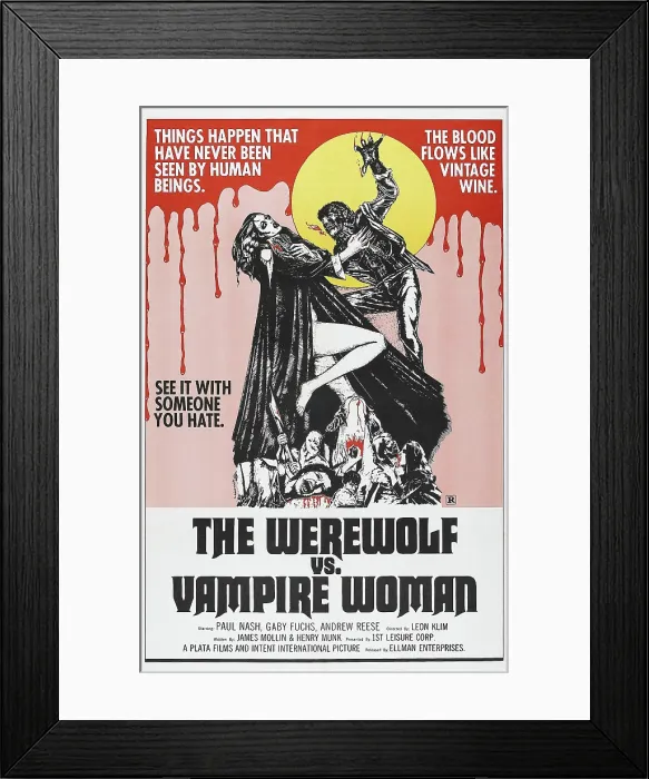 Framed Print : THE WEREWOLF VS. VAMPIRE WOMAN, (aka THE WEREWOLF VERSUS THE VAMPIRE WOMAN), US poster, from left: Patty Shepard, Paul Naschy, 1971