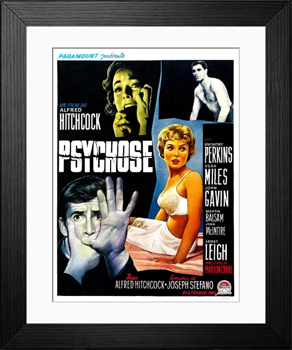 Framed Print : PSYCHO, (aka PSYCHOSE), Belgian poster art, top from left: Vera Miles, John Gavin, bottom from left: Anthony Perkins, Janet Leigh, 1960