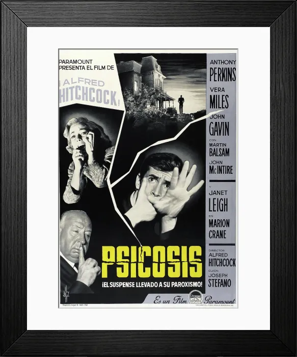 Framed Print : PSYCHO (aka PSICOSIS), left from top: Vera Miles, Alfred Hitchcock, right: Anthony Perkins on Spanish poster art, 1960