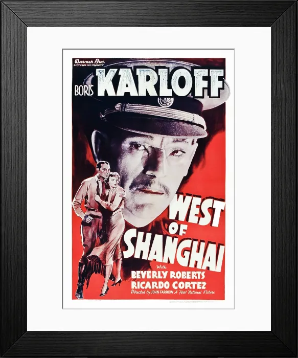 Framed Print : WEST OF SHANGHAI, US poster art, Boris Karloff, Ricardo Cortez, Beverly Roberts, 1937