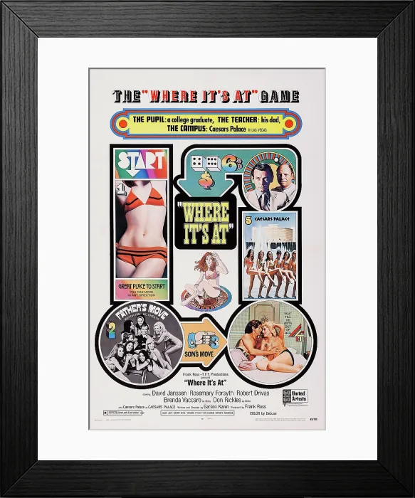 Framed Print : WHERE IT'S AT, US poster, top right from left: David Janssen, Don Rickles, bottom right from left: Robert Drivas, Rosemary Forsyth, 1969