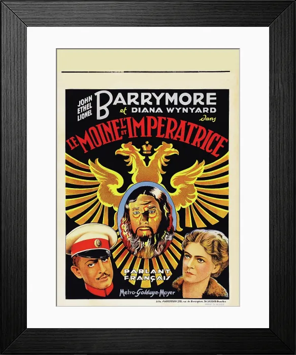 Framed Print : RASPUTIN AND THE EMPRESS, (aka LE MOINE ET L'IMPERATRICE), from left: John Barrymore, Lionel Barrymore, Ethel Barrymore on Belgian poster art, 1932
