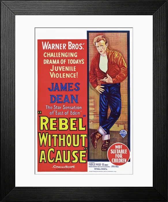 Framed Print : REBEL WITHOUT A CAUSE, James Dean on Australian poster art, 1955 Framed Print : REBEL WITHOUT A CAUSE, James Dean on Australian poster art, 1955