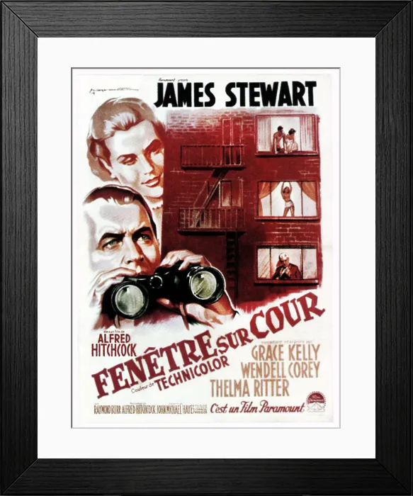 Framed Print : REAR WINDOW, (aka FENETRE SUR COUR), left from top: Grace Kelly, James Stewart on French poster art, 1954