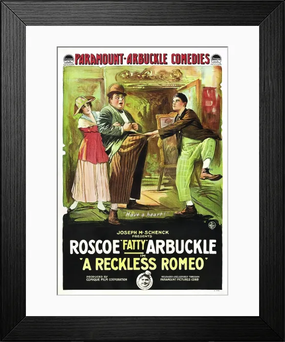 Framed Print : A RECKLESS ROMEO, center: Roscoe Fatty Arbuckle on poster art, 1917 Framed Print : A RECKLESS ROMEO, center: Roscoe Fatty Arbuckle on poster art, 1917