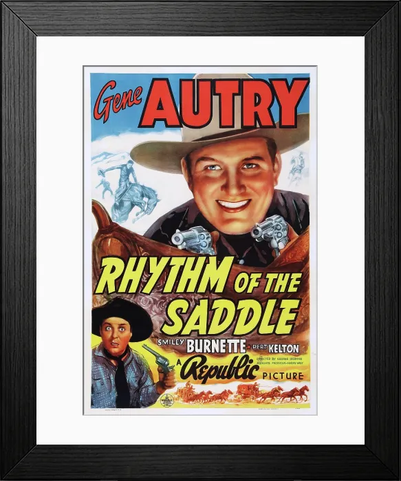 Framed Print : RHYTHM OF THE SADDLE, US poster art, top: Gene Autry, bottom: Smiley Burnette, 1938 Framed Print : RHYTHM OF THE SADDLE, US poster art, top: Gene Autry, bottom: Smiley Burnette, 1938