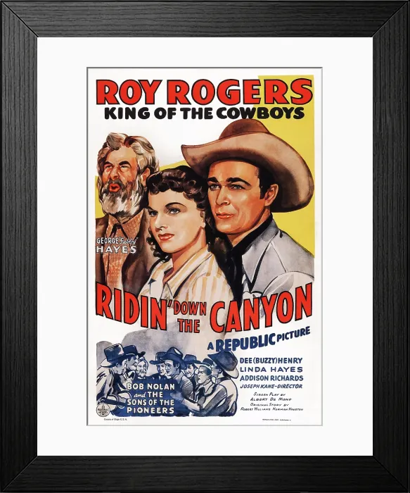Framed Print : RIDIN DOWN THE CANYON, US poster art, top from left: George Gabby Hayes, Linda Hayes, Roy Rogers, bottom left: Bob Nolan and the Sons of the Pioneers, 1942 Framed Print : RIDIN DOWN THE CANYON, US poster art, top from left: George Gabby Hayes, Linda Hayes, Roy Rogers, bottom left: Bob Nolan and the Sons of the Pioneers, 1942