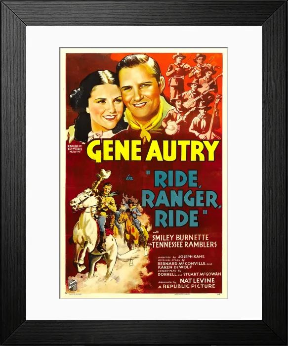 Framed Print : RIDE, RANGER, RIDE, top from left: Kay Hughes, Gene Autry, The Tennessee Ramblers, bottom left: Gene Autry, 1936