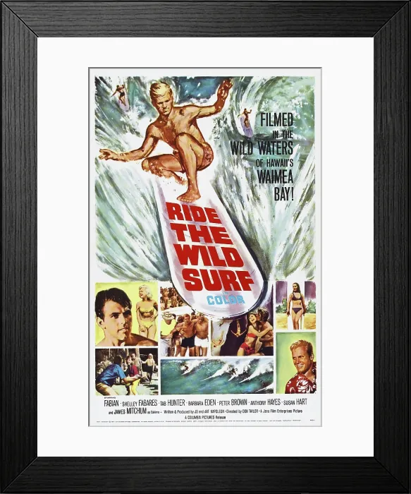 Framed Print : RIDE THE WILD SURF, US poster art, bottom top left: Fabian, bottom far right: Tab Hunter, 1964